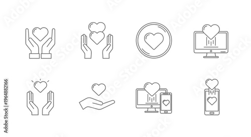 Heartfelt icons depicting love care and affection through hands and digital devices
