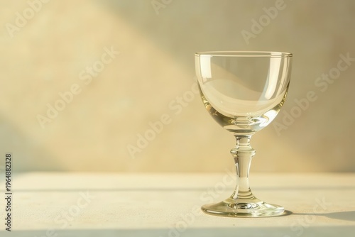 A single empty stemmed glass sits on a neutral surface bathed in soft sunlight