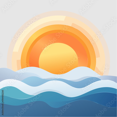Stylized graphic illustration of a vibrant sunrise or sunset over ocean waves, depicting a serene natural landscape