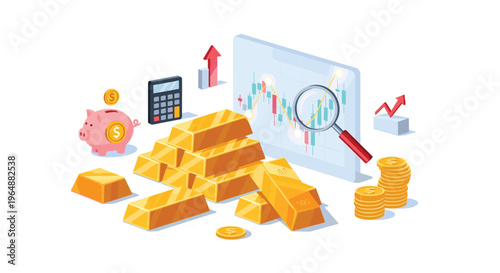 An isometric illustration displays gold bars, coins, a piggy bank, a calculator, and a stock chart with a magnifying glass on a white background.