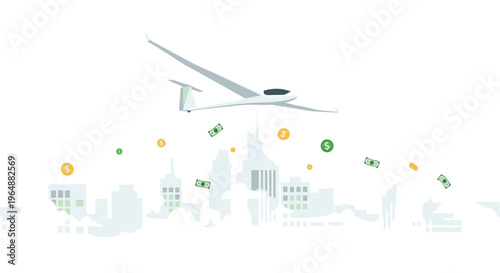 A white glider plane flies above a minimalist cityscape while dollar bills and golden coins fall from the sky on a white background.