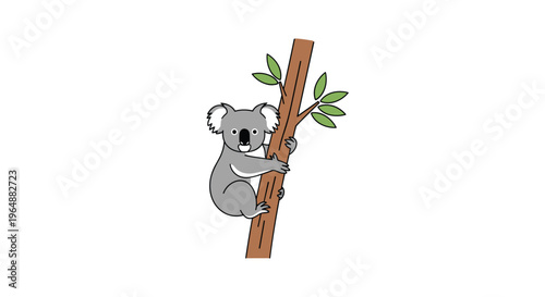 A cartoon koala with gray fur is depicted hugging a brown tree trunk with green leaves on a plain white background.