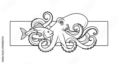 Intricate line art drawing of an octopus and fish, showcasing marine life in a simple yet
