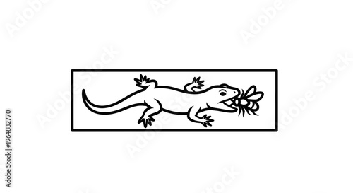 Minimalist black and white line art illustration of a happy lizard enjoying a fresh insect meal