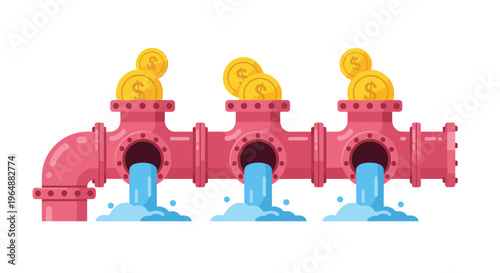 Three interconnected pink pipes with golden coin stacks on top are shown gushing blue water on a white background.