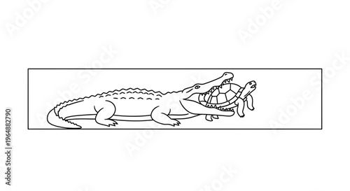 Predatory interaction: a powerful crocodile's grip on a shelled turtle in a simplified line art