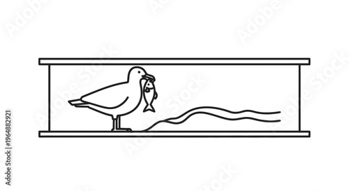Simple vector outline illustration of a hungry seabird catching a fish near a tranquil shoreline