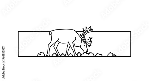 Minimalist line art illustration of a wild horned animal grazing on natural foliage within a