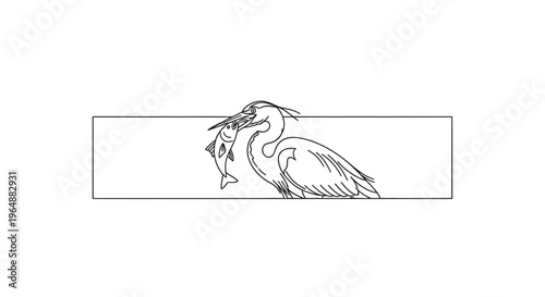 Simplified vector graphic portraying a graceful heron expertly securing its finned meal