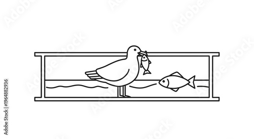 Stylized monochrome drawing depicting a bird skillfully catching fish in a narrow body of water, a