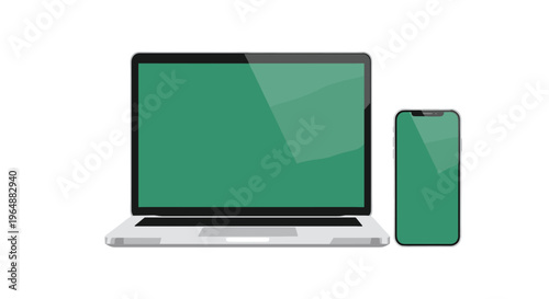 A silver laptop and a black smartphone, both displaying blank green screens, are positioned side-by-side on a clean white background.