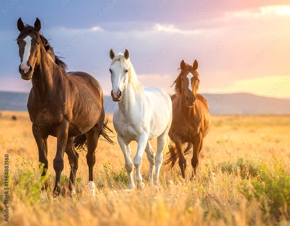 Obraz premium Three horses of different colors run across a grassy plain at sunset