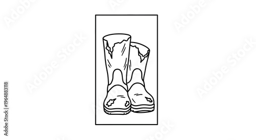 Rugged work boots monochrome line art illustration portraying outdoor utility and practical footwear