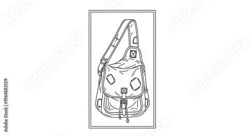 Detailed line art illustration of a casual sling bag with adjustable strap and front pocket design