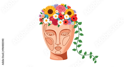 A stylized abstract human head sculpture is filled with colorful flowers and a green vine on a white background.