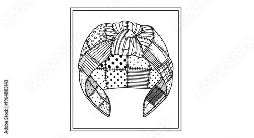 Detailed line art illustration of a fabric headband with a charming patchwork design and