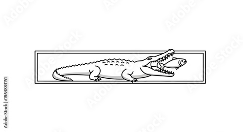 Monochromatic illustration of a predatory alligator gripping a fish in its powerful jaws within a