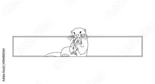 Cute otter enjoying its freshly caught fish meal in a simple line art illustration within a frame