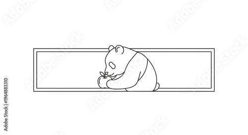 Charming minimalist panda illustration savoring a fresh apple inside a clean border frame artwork