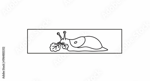 Minimalist Black and White Outline Drawing Depicting a Garden Snail Enjoying a Fresh Green Leaf