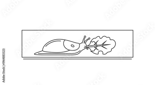 Minimalist black outline drawing of a garden slug slowly consuming a fresh green leaf