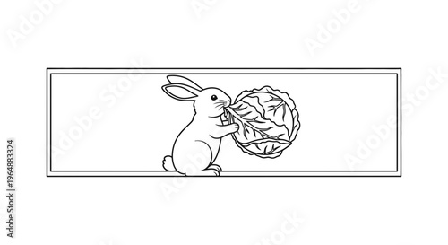 Adorable bunny savoring a fresh green cabbage head in a charming line art illustration