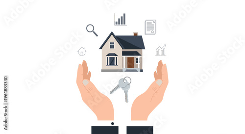 Two hands with white cuffs are cradling a small house and two keys with five grey icons on a white background.