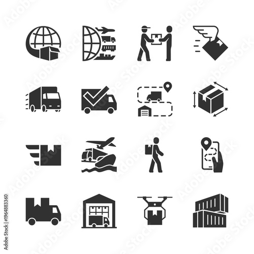 Logistics and delivery services, monochrome icons set. Parcel shipping, courier service, global transport, warehouse distribution, cargo handling and supply chain. Black and white symbols style