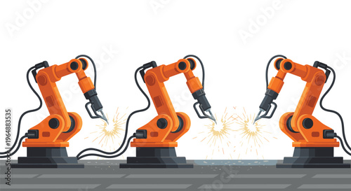 Three orange industrial robotic arms are welding on a dark grey conveyor belt, emitting bright sparks.