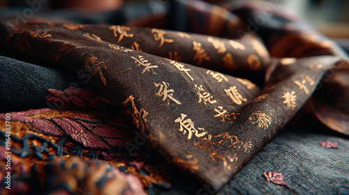 Elegant fabric showcases intricate Chinese script on rich background, highlighting cultural heritage and artistry in light