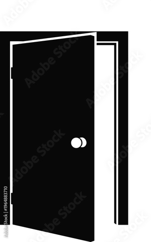 Flat vector open door illustration with black and white design, entry exit symbol, opportunity transition concept, minimal architecture graphic art