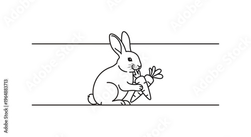 A charming black and white line art illustration of a happy rabbit enjoying a freshly picked carrot