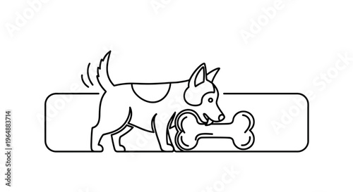 Playful canine carrying its favorite large bone in a simple line art illustration with a happy