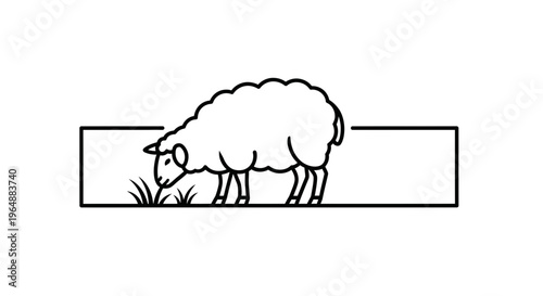 Minimalist outline illustration of a sheep grazing within a rectangular frame clean design