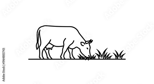 Minimalist black outline drawing of a contented bovine grazing on fresh green pastureland