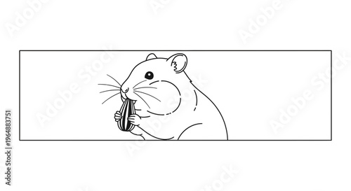 Adorable cartoon hamster enjoying a sunflower seed with its full cheek pouch, line art illustration
