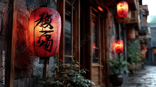 Beautiful scene featuring glowing red lanterns illuminating stone wall, showcasing heritage and Chinese script on light