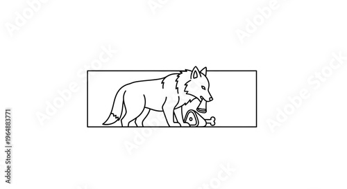 Minimalist canine hunter illustration capturing a predatory wolf with its freshly acquired meat