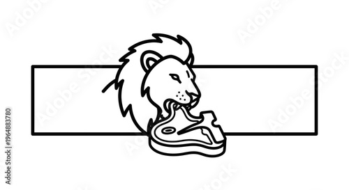 A bold black and white illustration depicting a majestic lion devouring a raw piece of meat