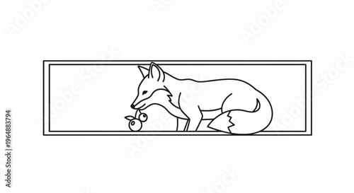 Elegant outline drawing of a graceful forest fox gently holding ripe berries within a striking