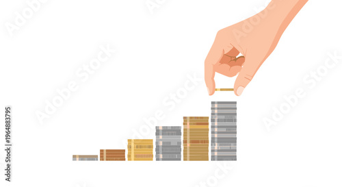 A human hand is actively placing a single coin onto the top of a progressively growing stack of mixed gold and silver coins on a white background.