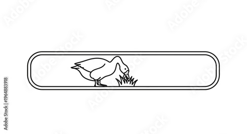 Elegant monochrome line illustration of a duck foraging on grass within a simple rounded border