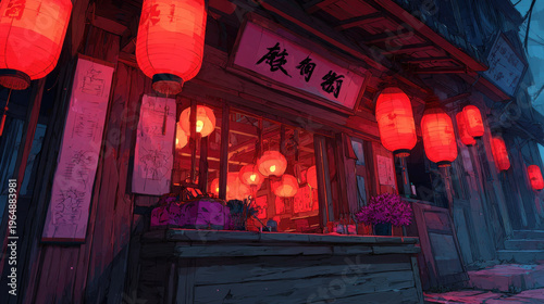 Handcrafted new year lanterns illuminate vibrant street scene, creating festive atmosphere filled with joy and celebration