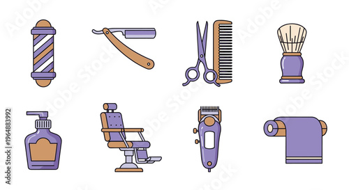 Eight distinct barber shop tools and items are neatly arranged on a pristine white background.