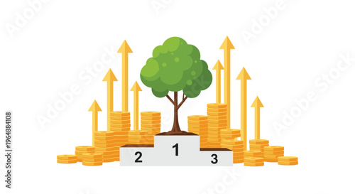A green tree stands on a numbered podium surrounded by golden coin stacks and upward arrows on a white background.