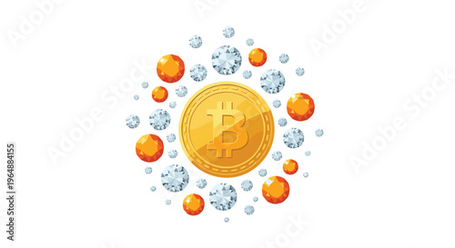 A golden bitcoin coin is surrounded by a circular arrangement of sparkling diamonds and orange gemstones on a white background.