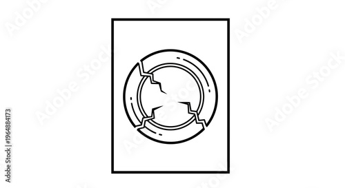 Minimalist graphic vector illustration of a fractured circular emblem representing disruption