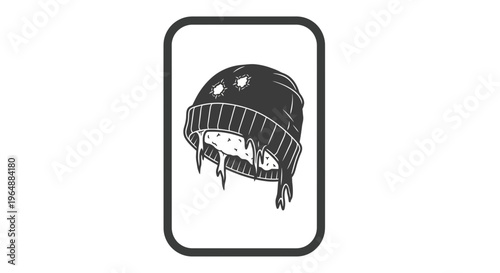A stylized illustration of a beanie hat with eye cutouts and mysterious dripping substance