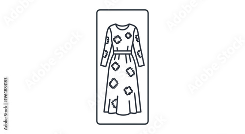 Elegant line art illustration of a patterned long dress with a cinched waist and full sleeves