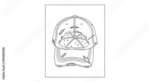 Vector outline illustration of a well-worn distressed baseball cap with ripped fabric texture